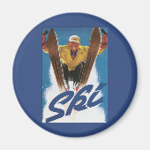 冬の雪の中でヴィンテージ旅行、スポーツスキーヤースキー マグネット (正面)