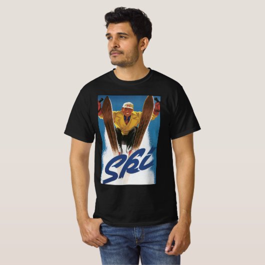 冬の雪の中でヴィンテージ旅行、スポーツスキーヤースキー Tシャツ (正面フル)