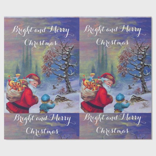 冬の雪の中で子どもを連れたサンタ ラッピングペーパー (フラット)