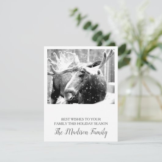 冬の雪の中で楽しいクリスマスのムース シーズンカード (スタンド正面)