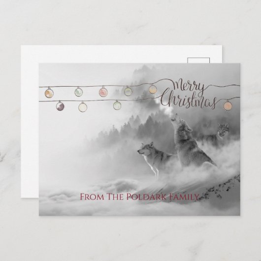 冬の雪の中で狼を吠える聖降誕祭 シーズンポストカード (正面/裏面)