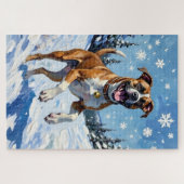 冬の雪の中で躍動するボクサー犬の元気な姿 ジグソーパズル (横)