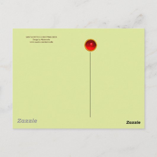 冬の雪の中で鹿とクリスマスプレゼントを持つサンタ ポストカード (裏面)