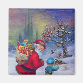 冬の雪の中のおもちゃと子供を持つサンタ マグネット (正面)