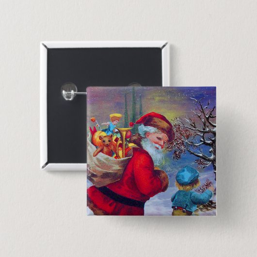 冬の雪の中のおもちゃと子供を持つサンタ 缶バッジ (正面&裏面)