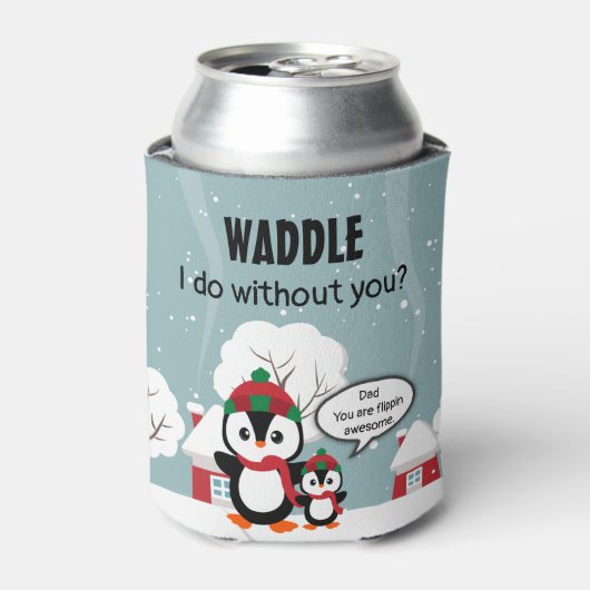 冬の雪の中のかわいいグレーベビーペンギン 缶クーラー (缶正面)