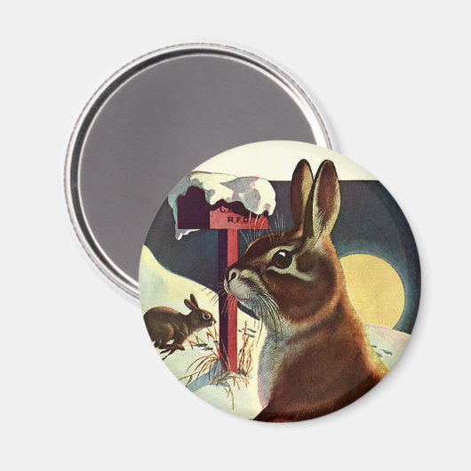 冬の雪の中のウサギたち マグネット (正面/裏面)
