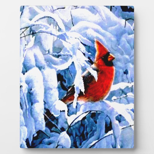 冬の雪の中のショウジョウコウカチョウ フォトプラーク (正面)