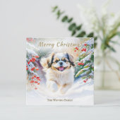 冬の雪の中のシーズー犬 メリークリスマス シーズンカード (スタンド正面)
