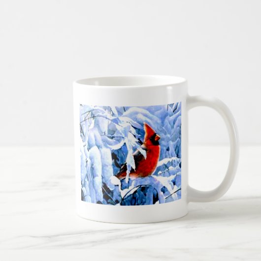 冬の雪の中のルビー色のカーディナル コーヒーマグカップ (右)