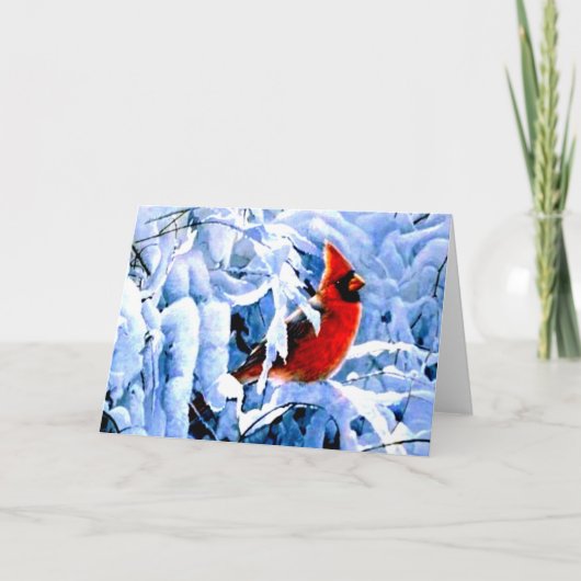 冬の雪の中のルビー色のカーディナル シーズンカード (正面)