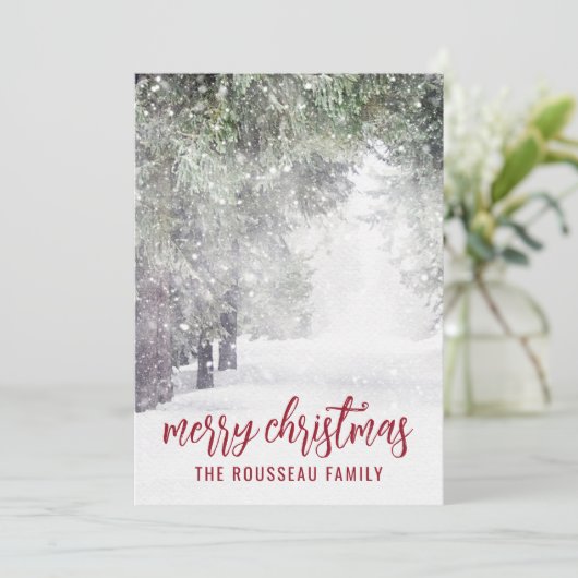 冬の雪の中の森の木のクリスマス シーズンカード (スタンド正面)