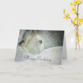 冬の雪の中の白い馬と鳥誕生日 カード (黄色い花)
