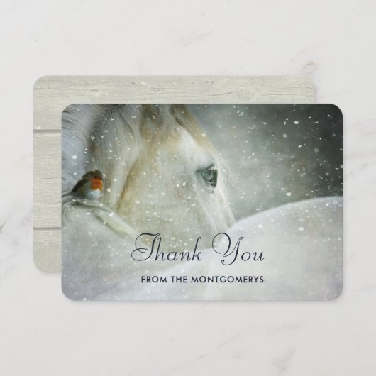 冬の雪の中の白馬と鳥ありがとう サンキューカード (正面/裏面)