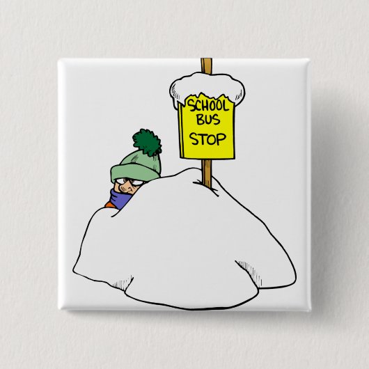 冬の雪の中、スクールバスを待つ 缶バッジ (正面)