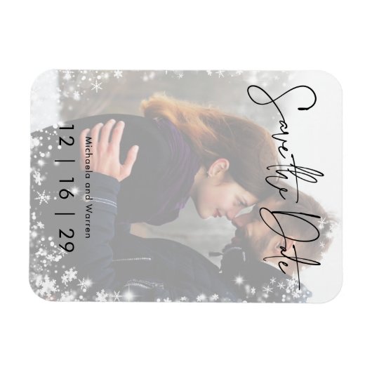 冬の雪の写真の結婚式の日付はがきを保存 マグネット (横)