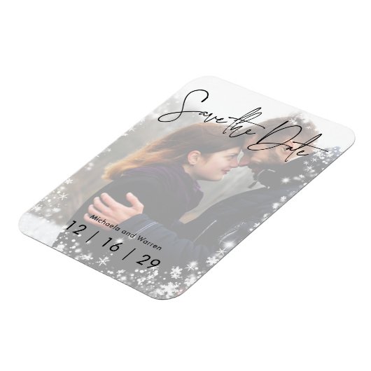 冬の雪の写真の結婚式の日付はがきを保存 マグネット (左側)