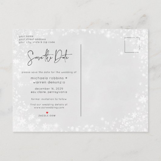 冬の雪の写真の結婚式の日付はがきを保存 案内ポストカード (裏面)