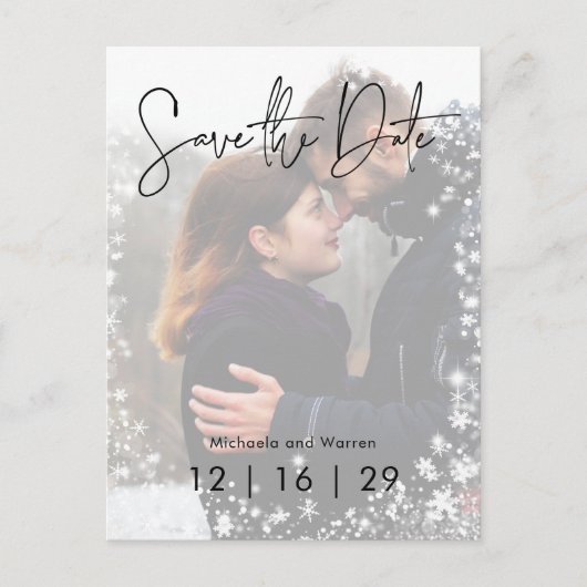 冬の雪の写真の結婚式の日付はがきを保存 案内ポストカード (正面)