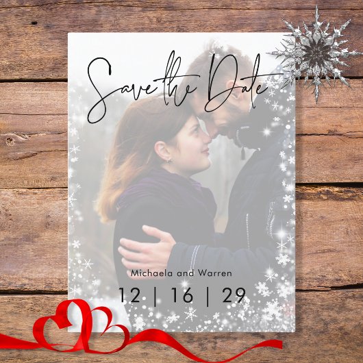 冬の雪の写真の結婚式の日付はがきを保存 案内ポストカード