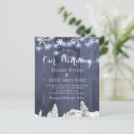 冬の雪の冬の予算結婚式招待状 (スタンド正面)