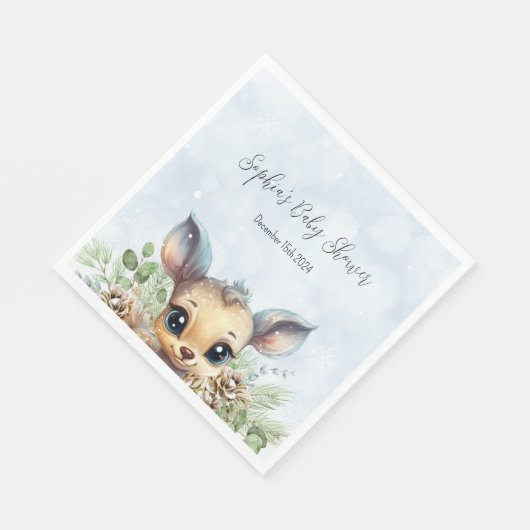 冬の雪の冷たい外の青い赤ちゃんシャワーディアー スタンダードランチョンナプキン (角)