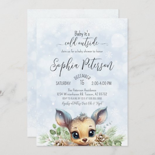 冬の雪の冷たい外の青い赤ちゃんシャワーディアー 招待状 (正面/裏面)