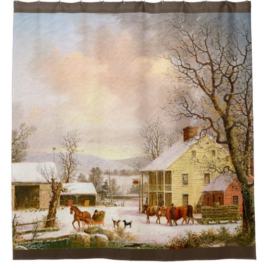 冬の雪の国のそりの馬のシャワー・カーテン シャワーカーテン (正面)