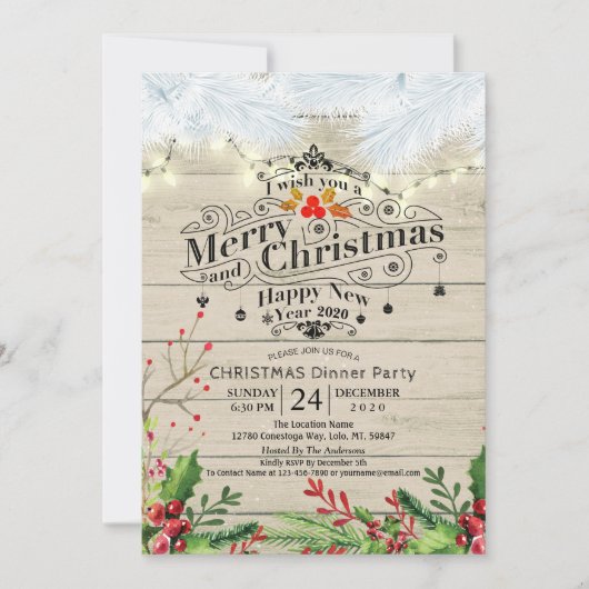 冬の雪の土地クリスマス&新年ディナーパーティー 招待状 (正面)