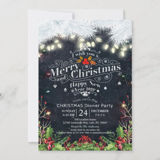 冬の雪の土地クリスマス&新年ディナーパーティー 招待状 (正面)