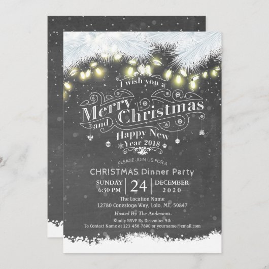 冬の雪の土地クリスマス&新年ディナーパーティー 招待状 (正面/裏面)