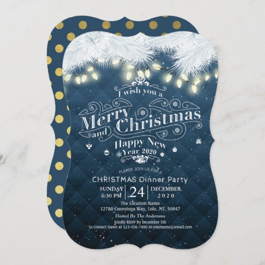 冬の雪の土地 クリスマス&ニューイヤー ディナー パーティー 招待状 (正面/裏面)