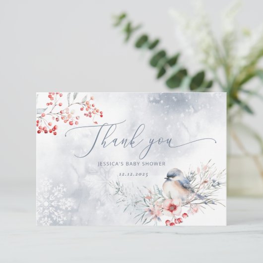 冬の雪の塵の青い赤ん感謝してい坊のシャワーあなた カード (スタンド正面)