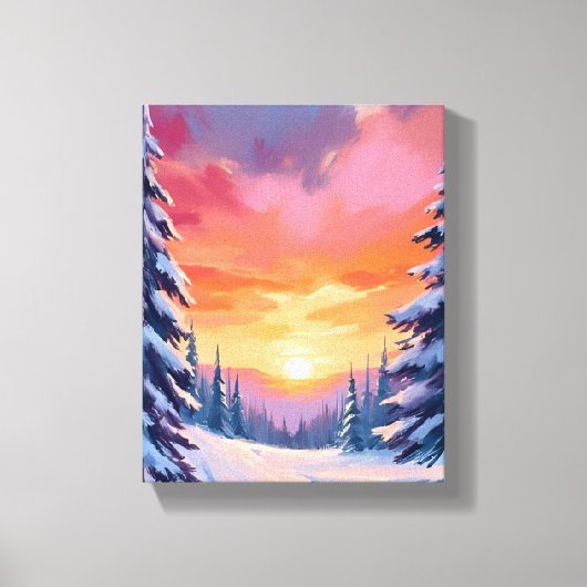 冬の雪の夕焼け | パステル水彩画 キャンバスプリント (正面)
