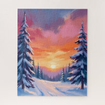 冬の雪の夕焼け | パステル水彩画