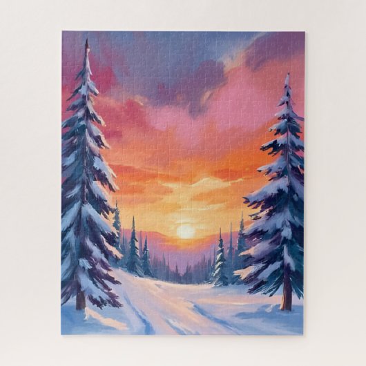 冬の雪の夕焼け | パステル水彩画 ジグソーパズル (縦)