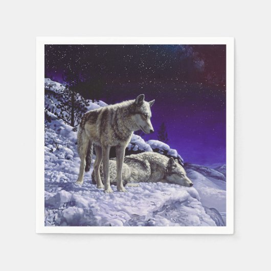 冬の雪の夜に灰色の狼 スタンダードカクテルナプキン (正面)
