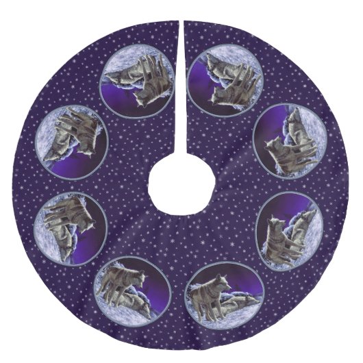 冬の雪の夜に灰色の狼 ブラッシュドポリエステルツリースカート (正面)