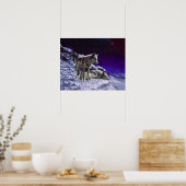 冬の雪の夜に灰色の狼 ポスター (キッチン)