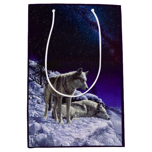 冬の雪の夜に灰色の狼 ミディアムペーパーバッグ (正面)