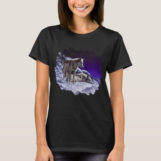 冬の雪の夜に灰色の狼 Tシャツ (正面)