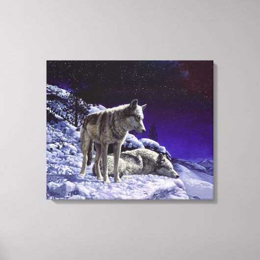 冬の雪の夜の灰色のオオカミ キャンバスプリント (正面)