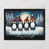 冬の雪の夜サンタペンギンクリスマス シーズンポストカード (正面)