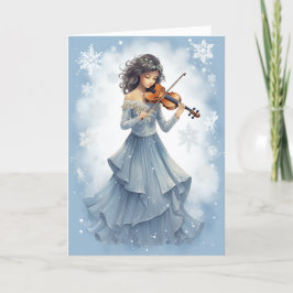 冬の雪の女の子の遊バイオリンのクリスマス音楽 シーズンカード