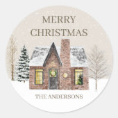 冬の雪の家 松の木 メリークリスマス 名前 ラウンドシール (正面)