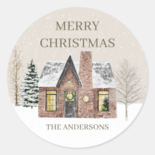 冬の雪の家 松の木 メリークリスマス 名前 ラウンドシール (正面)