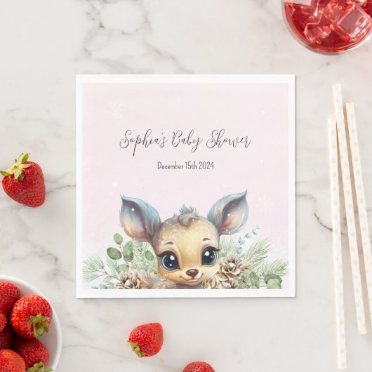 冬の雪の寒さピンクの赤ちゃんシャワーディアー スタンダードランチョンナプキン (インサイチュ)