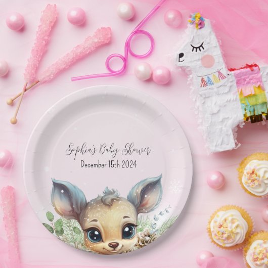 冬の雪の寒さピンクの赤ちゃんシャワーディアー ペーパープレート (パーティー)
