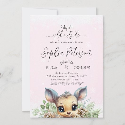 冬の雪の寒さピンクの赤ちゃんシャワーディアー 招待状 (正面)