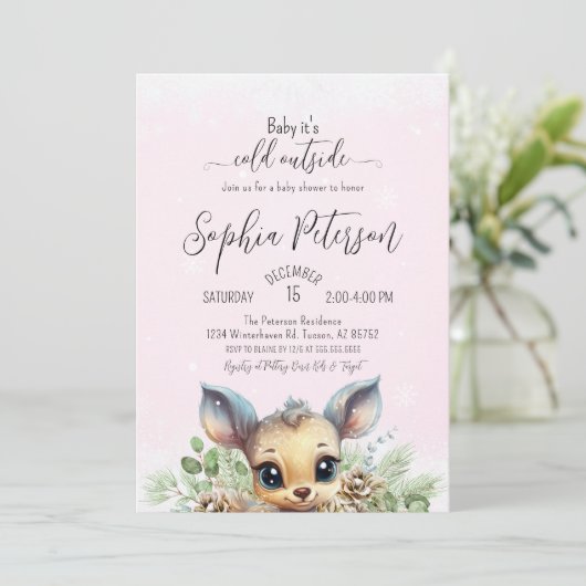 冬の雪の寒さピンクの赤ちゃんシャワーディアー 招待状 (スタンド正面)